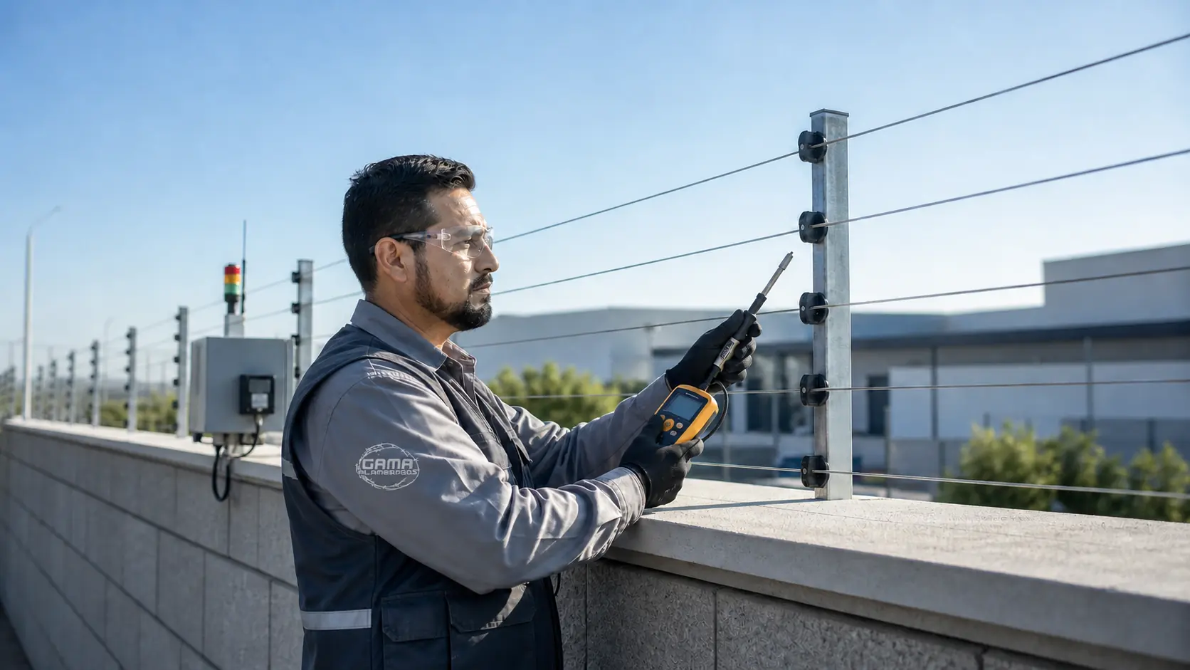 Técnico de Alambrados Gama comprobando el voltaje de un cerca eléctrica perimetral