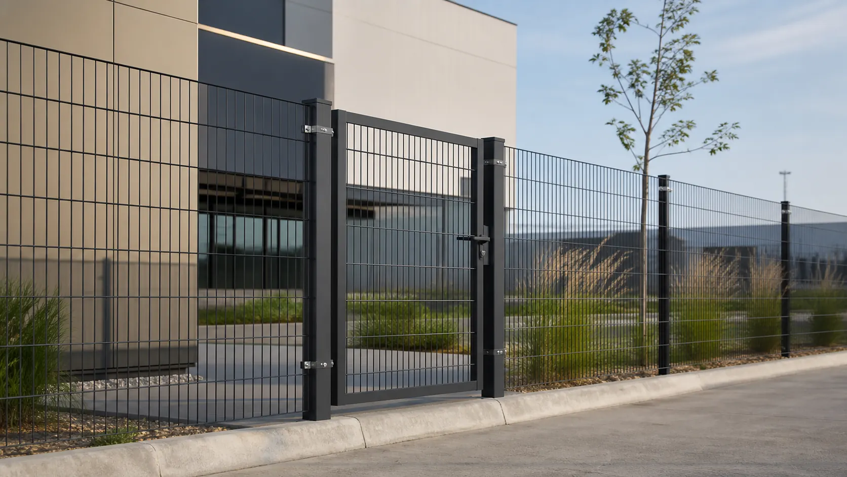 Reja de acero electrosoldada con puerta instalada en un acceso comercial