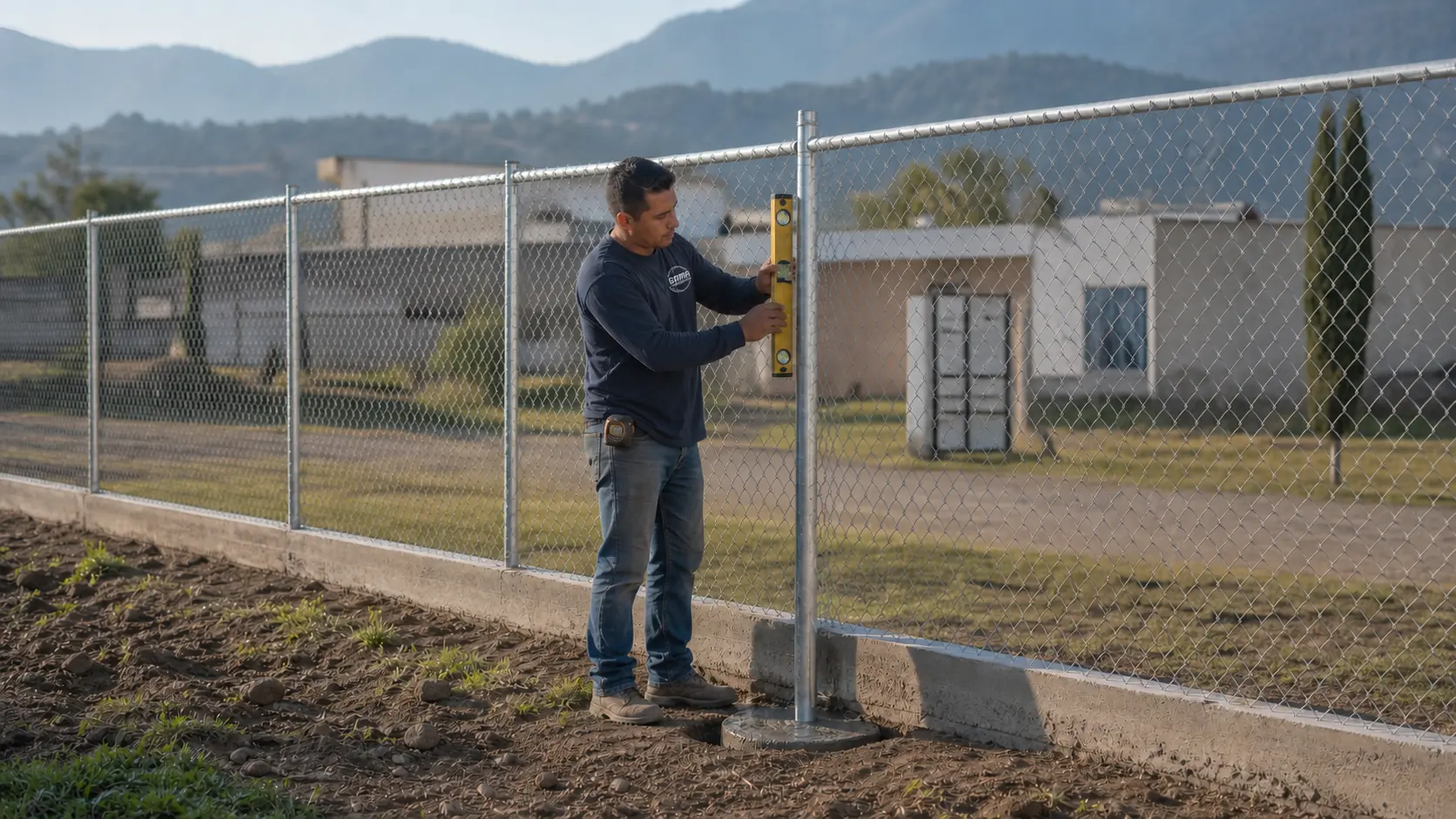 Instalador de Alambrados Gama nivelando un poste de malla ciclónica en Tlaxcala